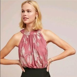 Anthropologie Pink and Gold Smocked Sleeveless Blouse